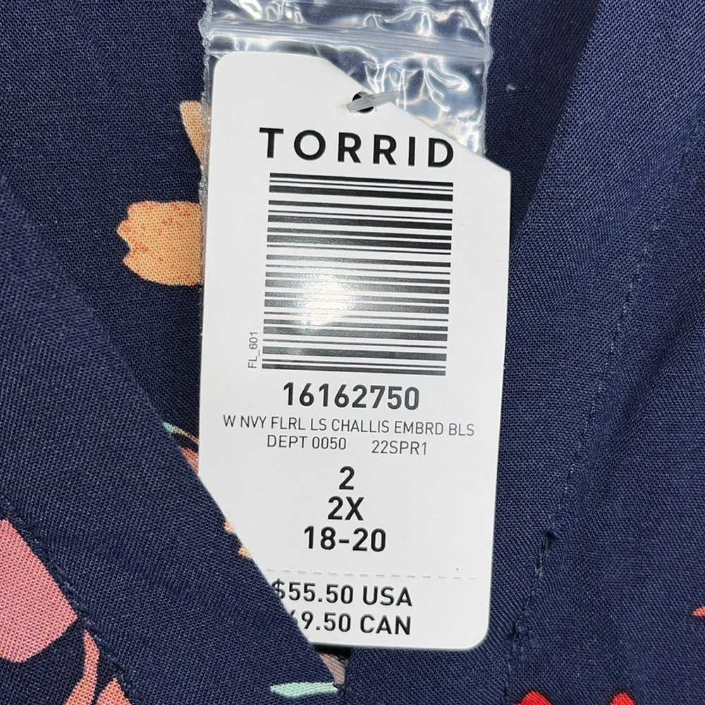 Torrid Navy Floral LS Challis Embroidered Blouse size 2X - Picture 2 of 6